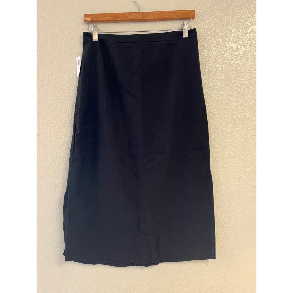Old Navy Womens Black Linen Blend Midi Skirt Side Slit Elastic Back Size M NWT